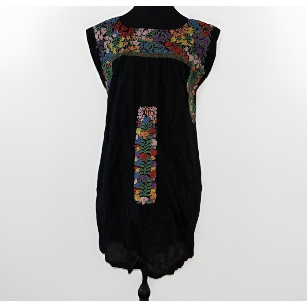 J. Marie Oaxaca Peasant Black Floral embroidered dress Boho Hippie Sz Small